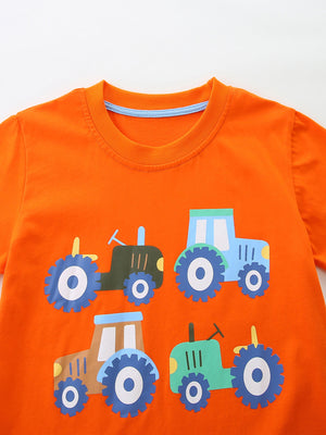 Orange cotton crew neck t-shirt with a charming tractor print.