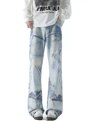 Distressed light blue wide-leg jeans with patchwork denim details.