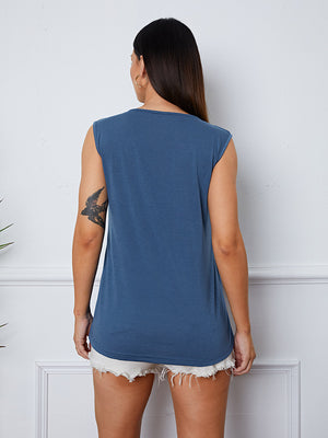 Square neckline button-down tank top in dark blue with cap sleeves and a relaxed fit.