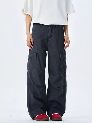 Dark gray 100 cotton wide-leg cargo pants with multiple pockets.