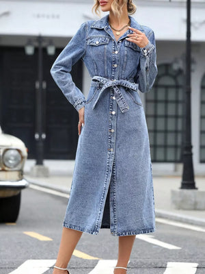 Belted Long Sleeve Denim Dress, product detail