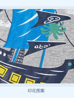 Toddler grey cotton tee with sailing ship graphic, blue sails, octopus, and yellow window details.