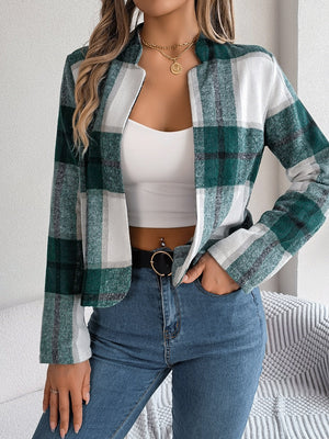 Collarless plaid cropped jacket in dark green with white and grey accents.