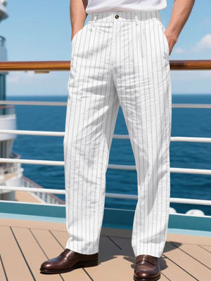 White pinstripe wide-leg sweatpants for men with a casual, elegant fit.