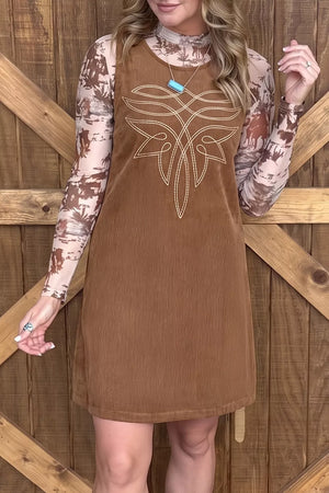 Geometric Embroidery Sleeveless Corduroy Shift Dress in Brown, front view