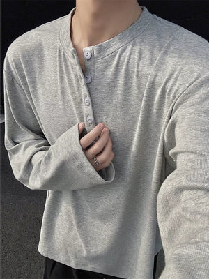 Men's Plus Size Button Detail Long Sleeve Henley in Light Gray, close-up detail