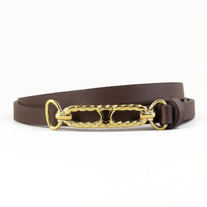 Brown cowhide leather skinny belt with gold twisted chain buckle detail