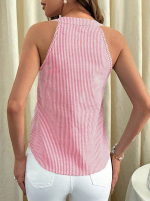 Pink striped V-neck tank top with a buttoned front detail.
