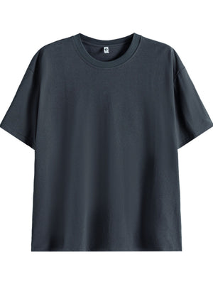Dark gray cotton crew neck t-shirt with short sleeves.