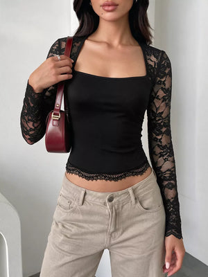 Lace Sleeve Square Neck Top in Black, side view