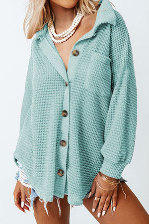 Light Green waffle knit button-down shirt jacket with chest pocket and button closure.