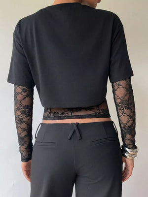 Lace Patchwork Short Sleeve T-shirt in Black, model styling view
