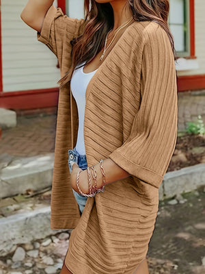 Camel ribbed sleeve cardigan with open front and 3/4 sleeves.