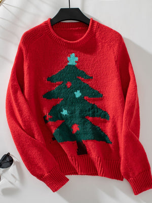 Red acrylic knit sweater with intarsia Christmas tree pattern and crew neck.