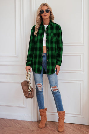 Dreamer Plaid Drop-Shoulder Jacket in dark green with buttoned front and chest pocket.
