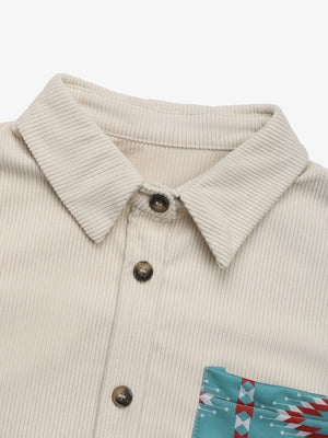 Corduroy shacket in Dust Storm with Aztec print pocket detail and button closure.