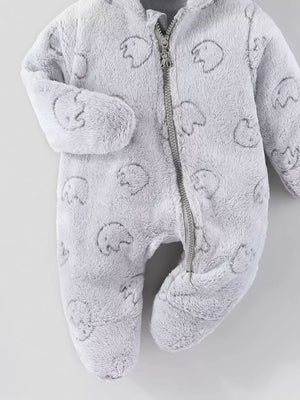 Gray plush hooded one-piece for baby with allover bear print and zipper closure.