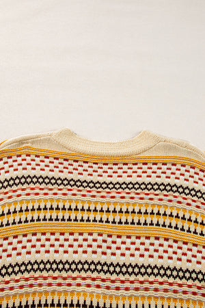 Geometric knit cropped cardigan in khaki with fair isle pattern and crew neck.