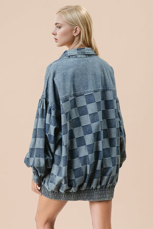 Checkerboard denim blouson jacket in medium with balloon sleeves and elastic hem.