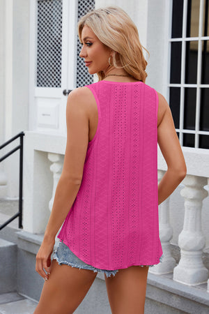 Hot Pink eyelet scoop neck tank top with a breathable knit texture.