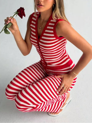 Deep Red striped knit V-neck buttoned two-piece set with sleeveless top and fitted pants.