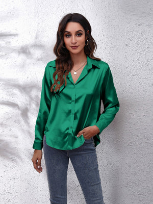 Green satin collared button-down shirt with a relaxed fit.