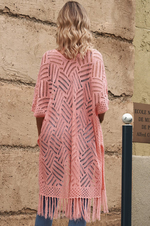 Blush pink open knit chevron fringe cardigan with short sleeves and a relaxed fit.