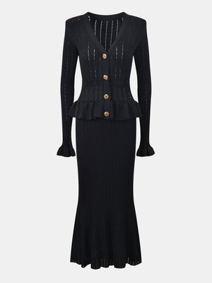 Black knit cardigan with peplum and ruffled hem skirt set