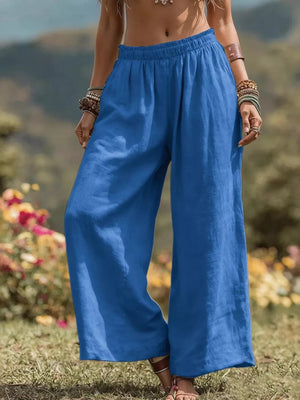 Full Size Bohemian Wide-leg Pants Plus Size in Light Brown, close-up detail
