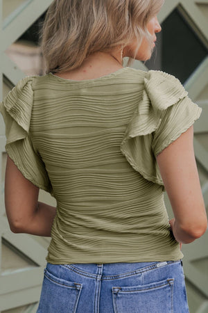 Textured ruffle sleeve bodysuit in Moss with horizontal ribbed fabric and a scoop neckline.