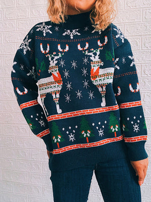 Peacock blue acrylic turtleneck sweater with reindeer, snowflake, and Christmas tree intarsia pattern.