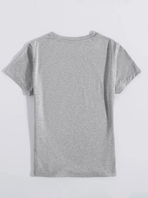 Women's dark gray heathered crew neck t-shirt with short sleeves.
