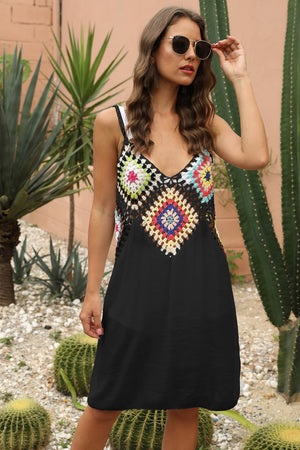 Black maxi dress with colorful crochet yoke and V-neck