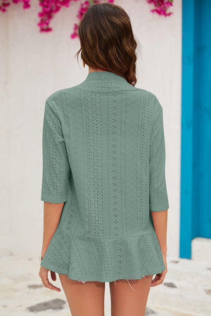 Light Green perforated ruffle hem cardigan with 3/4 sleeves