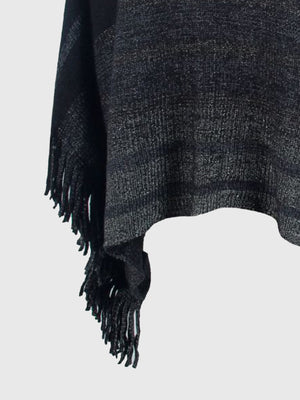 Charcoal striped knit poncho with fringe detail