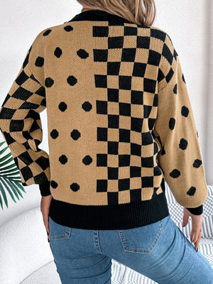 Camel knit sweater with checkerboard and polka dot intarsia pattern, crew neck, long sleeves.