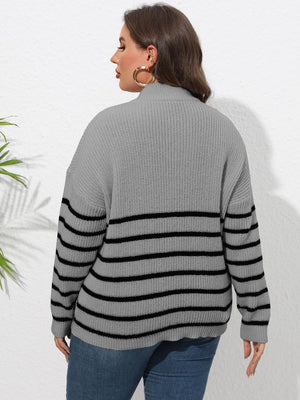 Gray ribbed knit sweater with black stripes and band collar.