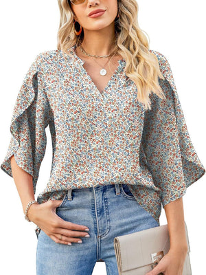 Floral print blouse with flutter sleeves and V-neck, 100% polyester