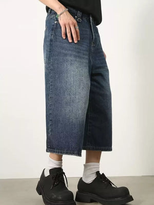 Men's Wide Leg Cropped Jeans Plus Size in Dark Blue, side view