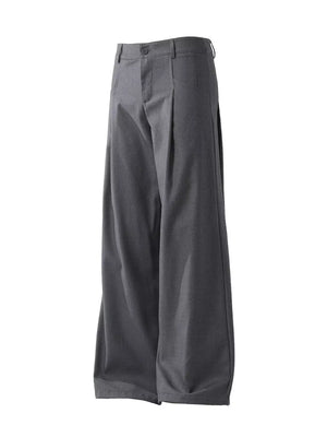 Men's dark gray wide-leg trousers with button closure and belt loops.
