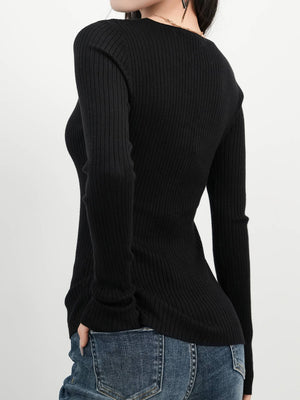 Black ribbed V-neck fitted knit sweater with long sleeves.
