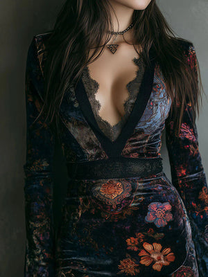Velvet mini dress with floral print, lace trim, and deep V-neck.