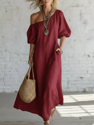 One-shoulder Puff Sleeve Maxi Dress in Sky Blue, close-up detail