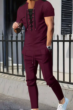 Men's Full Size Lace-up Front Top And Pants Set, alternate angle