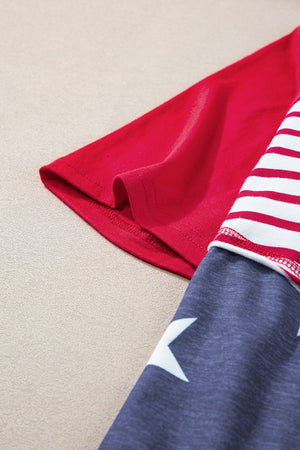 Patriotic raglan hoodie in scarlet with stars and stripes sleeves.
