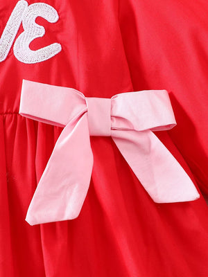 Children's Bow Long Sleeve Dress in Red, close-up detail