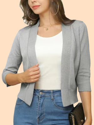 Light Gray open-front cropped cardigan with elbow sleeves and a relaxed fit.