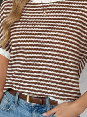 Striped Knit Relaxed Fit T-shirt in Blue, fabric detail
