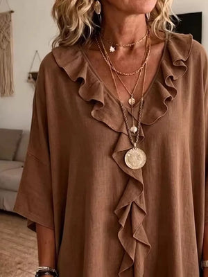 Full Size Ruffle V-neck 3/4 Sleeve Blouse Plus Size in Green, fit detail
