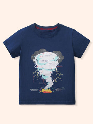 Dark navy crew neck t-shirt with a tornado educational graphic.